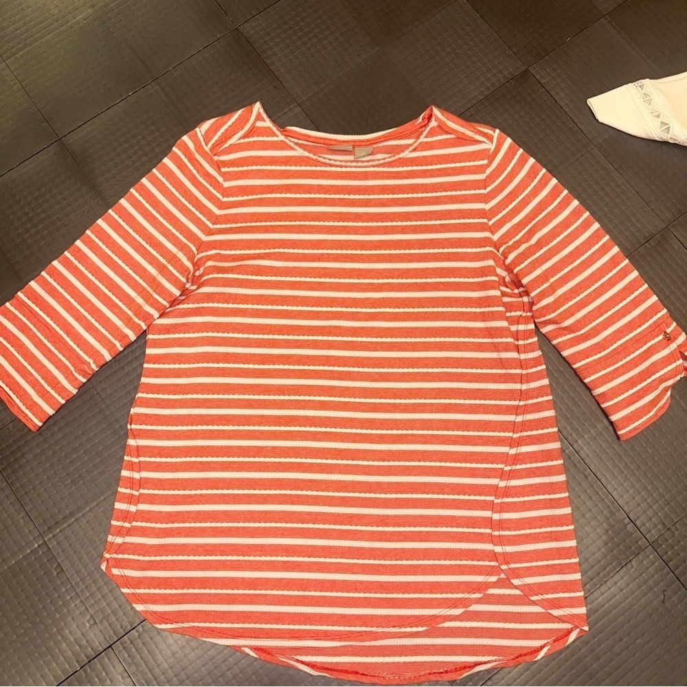 CHICO’S WOMENS CORAL AND WHITE STRIPE SHIRT TUNIC SIZE 2 US 12